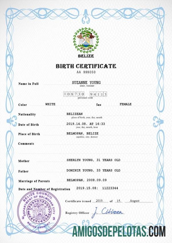 Realista modelo PSD de certidão de nascimento de registro vital de Belize